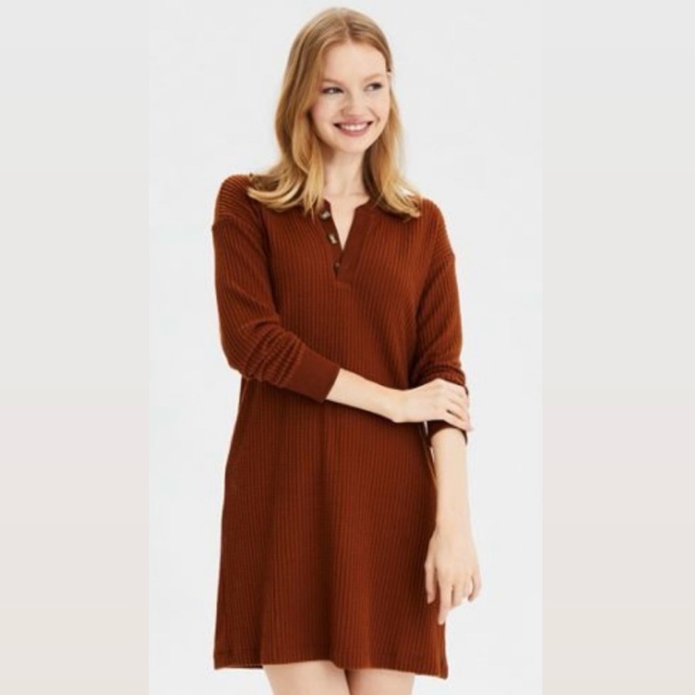 American Eagle Brown Waffle Knit Henley Long Sleeve Mini Shirt Dress size Large